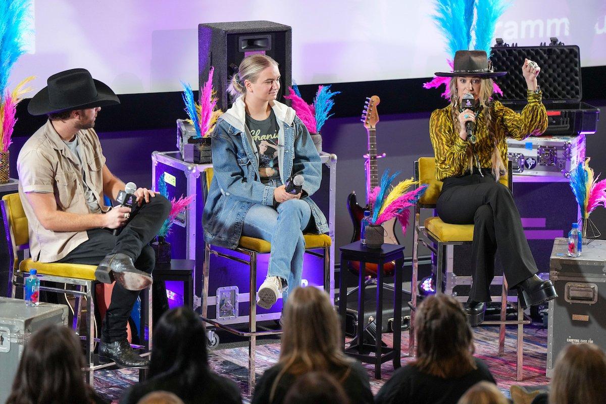 Photo of (L-R) Dallas Wilson, Meg Miller and Lainey Wilson speaking to GRAMMY U members at GRAMMY U’s 2023 Fall Summit